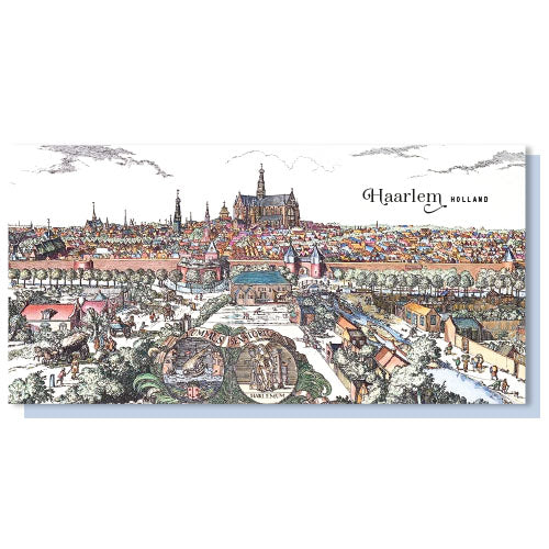 wenskaart Haarlem, oude tekening van stadspoorten en stadsmuur