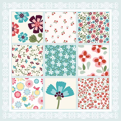 wenskaart patchwork bloemetjes in blauwgroen, met envelop.