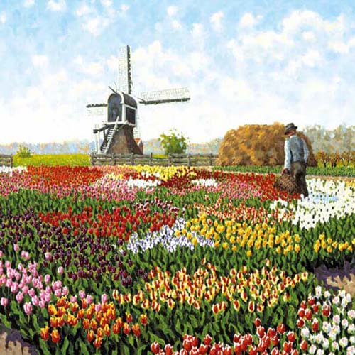 Kunstkaart tulpen en molen, Leo van den Ende