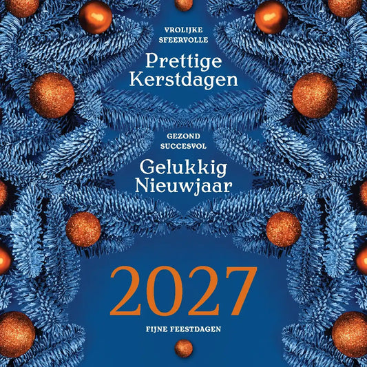 Kerstkaart 2027 met blauwe kersttakken, oranje kerstballen en jaartal