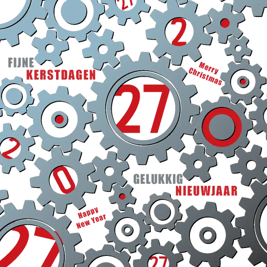 Kerstkaart 2027 techniek raderwerk, wens in Engels en Nederlands