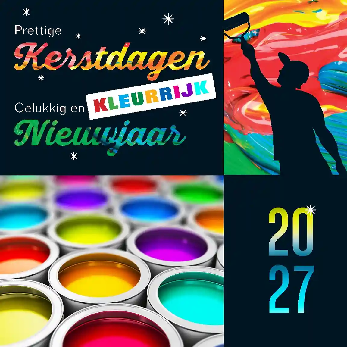 Kerstkaart 2027 schildersbedrijf, schilfer en verfpotten kleurrijk