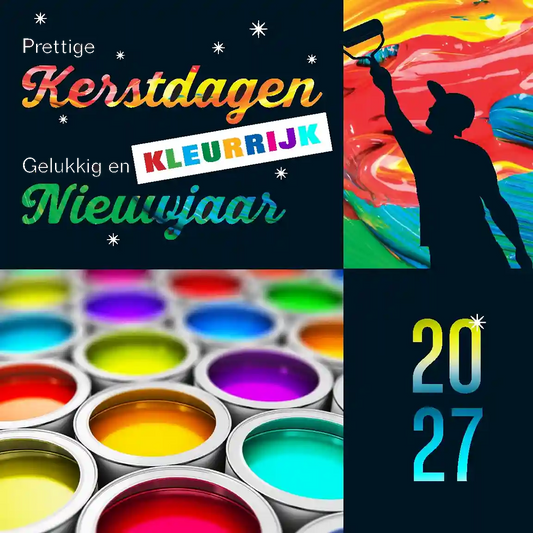 Kerstkaart 2027 schildersbedrijf, schilfer en verfpotten kleurrijk