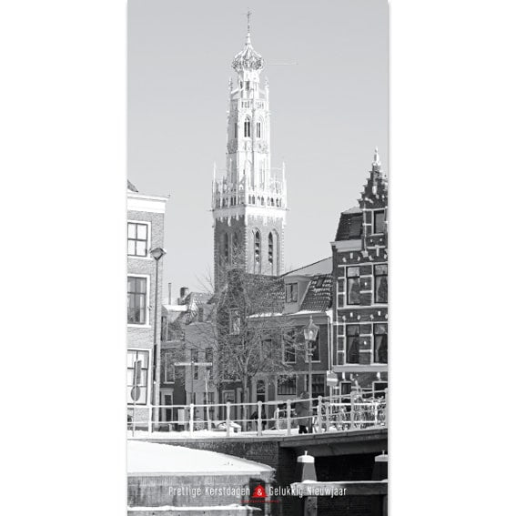 kerstkaart Haarlem Bakenessergracht in zwart wit.