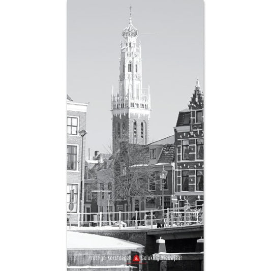 kerstkaart Haarlem Bakenessergracht in zwart wit.