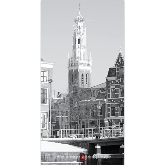 Kerstkaart Haarlem met zwart/wit foto Bakenessergracht in winter.


