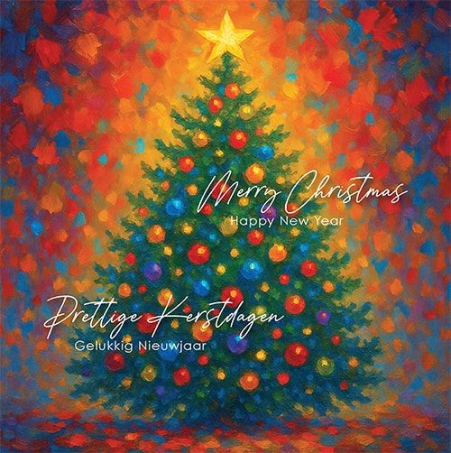 Kerstkaarten goed doel Alzheimer Nederland, sfeervolle kerstboom geschilderd. Steun een goed doel met je kerstkaart.