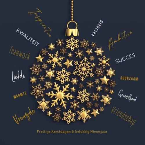 Luxe kerstkaart in blauw en goud, kerstbal en leuke wensen