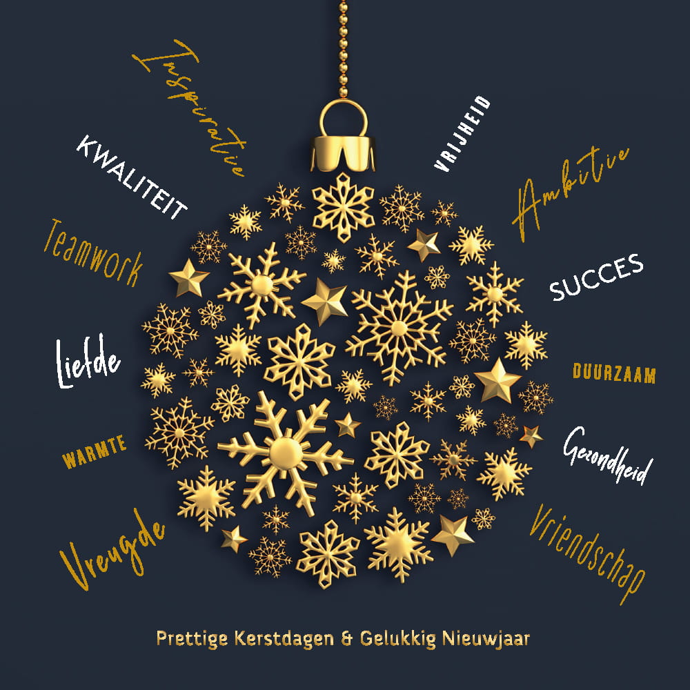 Luxe kerstkaart in blauw en goud, kerstbal en leuke wensen