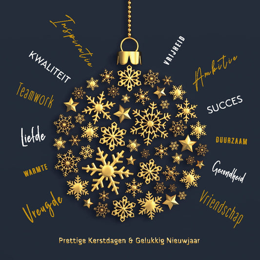 Luxe kerstkaart in blauw en goud, kerstbal en leuke wensen