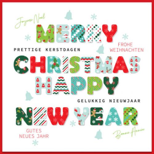 Vrolijke kerstkaart met kleurrijke kerstwens, meerdere talen