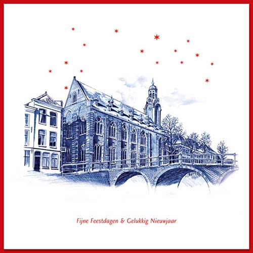 Kerstkaart Leiden met handgemaakte tekening universiteit