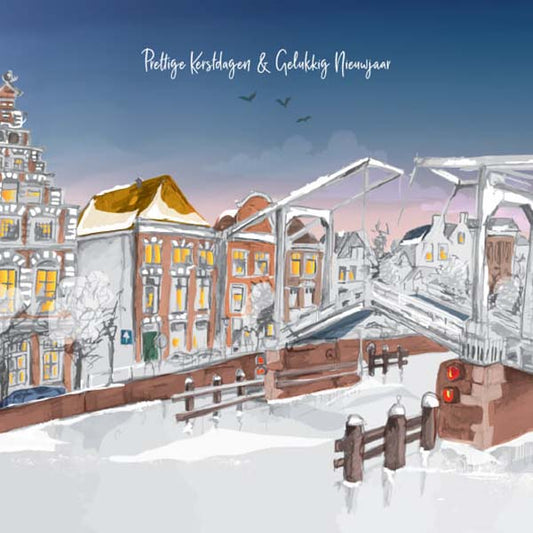 kerstkaart Haarlem Gravestenenbrug aan het Spaarne in de winter