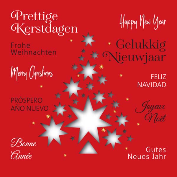 Kerstkaart met sterren kerstboom in rood, wit, zwart en folie, meerdere talen.