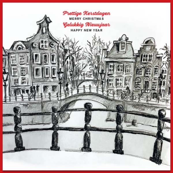 Kerstkaart met tekening van Amsterdamse grachten met sneeuw