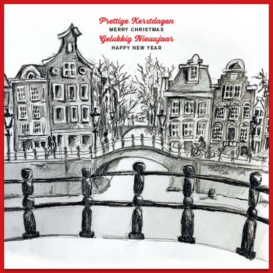 Kerstkaart met tekening van Amsterdamse grachten met sneeuw