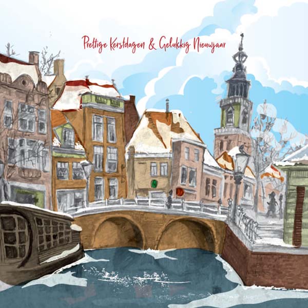 Kerstkaart Alkmaar met mooie tekening van de stad in de winter