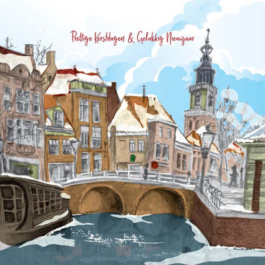 Kerstkaart Alkmaar met mooie tekening van de stad in de winter