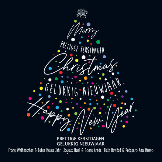 Kerstkaart ALS Nederland, kerstboom en kerstballen