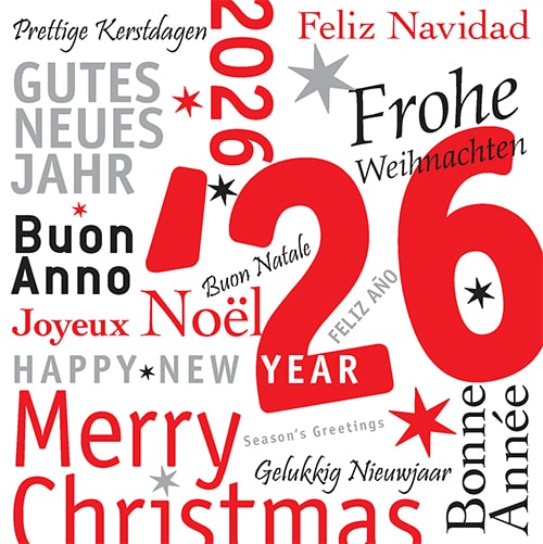 Kerstkaart 2025 internationale kerstwensen in rood en zwart