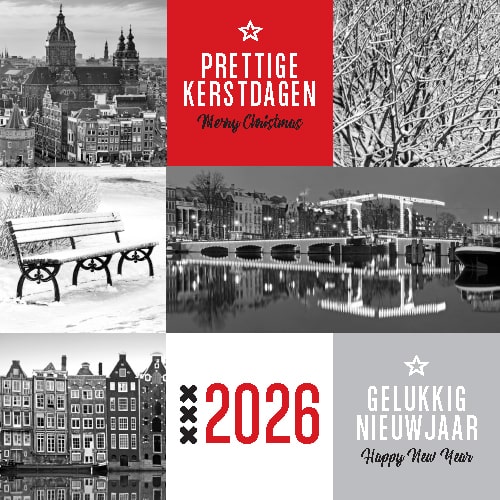 kerstkaart Amsterdam 2025 winter, zwart wit foto's