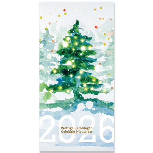 Kerstkaart 2024 kunst aquarel van kerstboom in groen