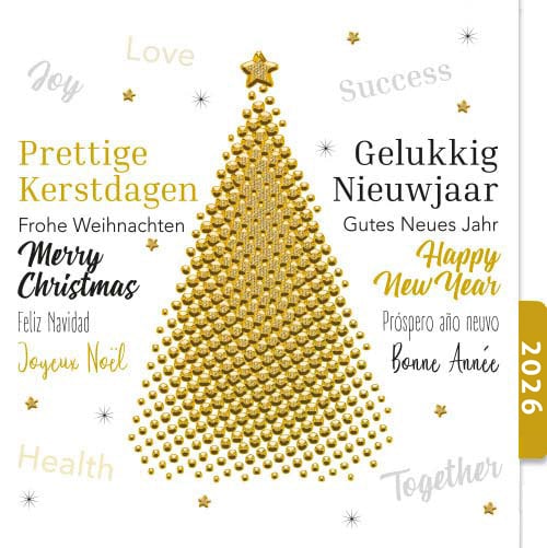 Kerstkaart 2026 in goud wit en zwart, internationaal