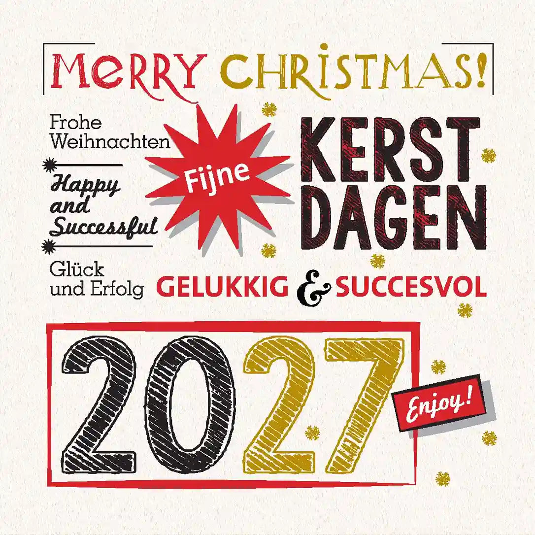 Kerstkaart 2027 rode ster, met meerdere talen