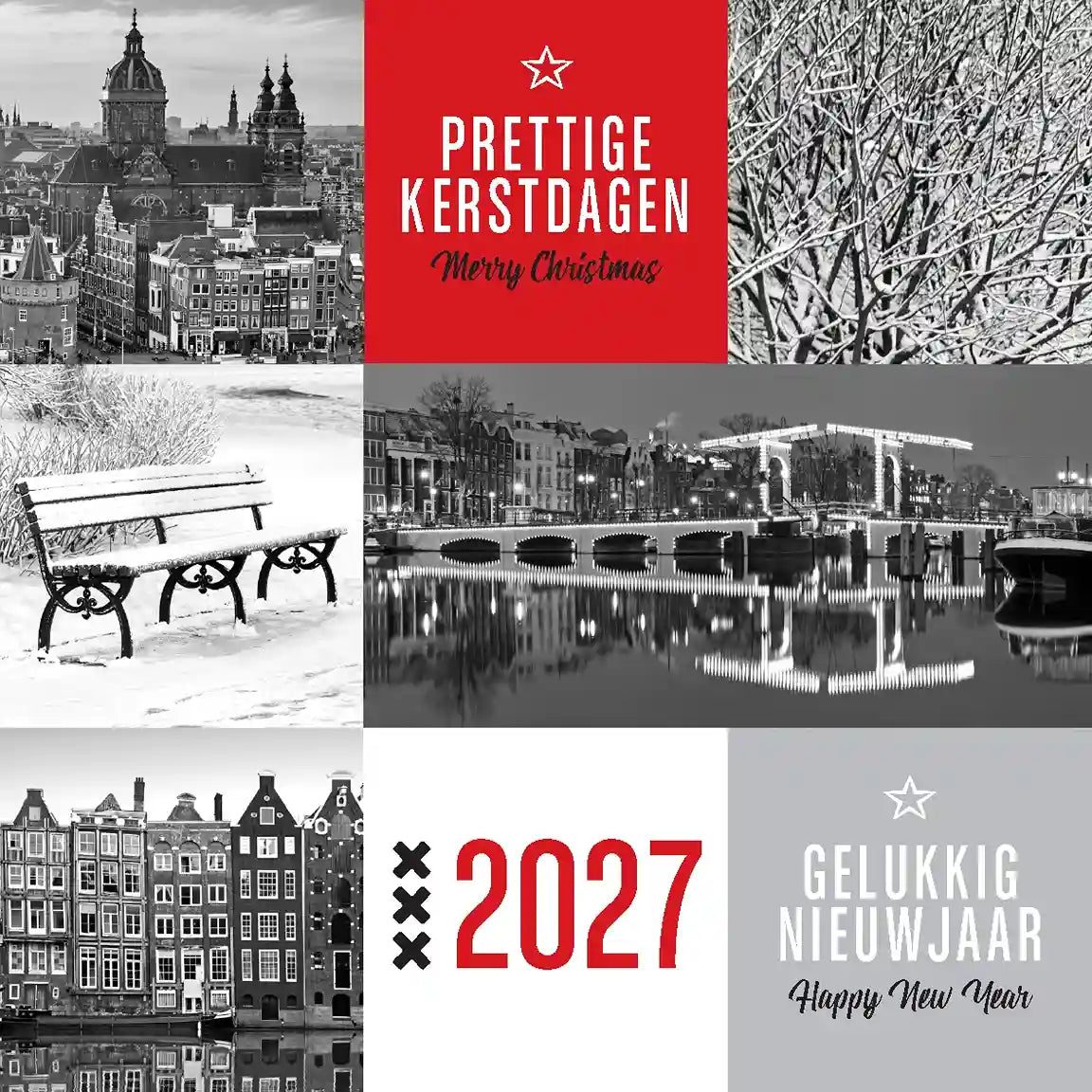 kerstkaart Amsterdam 2027 winter, zwart wit foto's