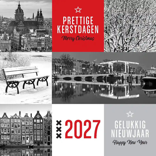 kerstkaart Amsterdam 2027 winter, zwart wit foto's