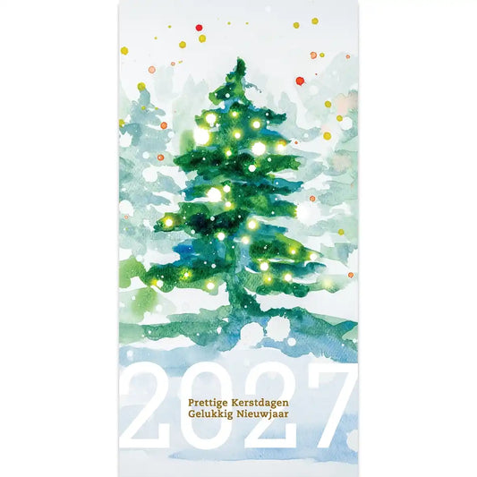 Kerstkaart 2027 kunst aquarel van kerstboom in groen, staande kaart