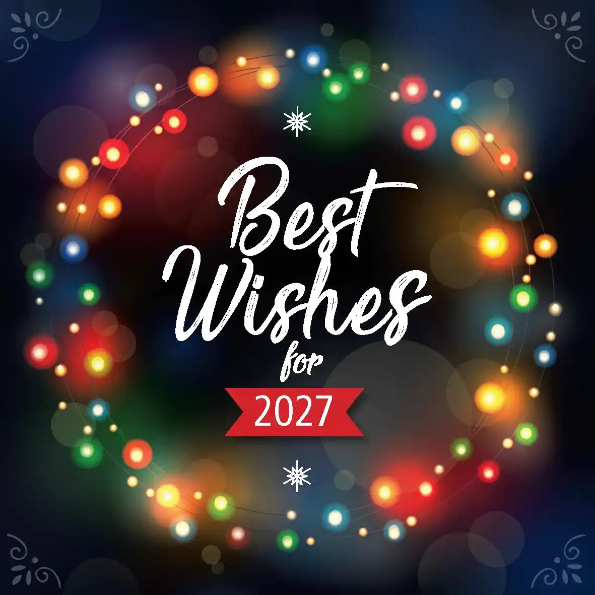 Nieuwjaarskaart 2027 'Best Wishes', gekleurde kerstlichtjes, sfeervol in cirkel vorm