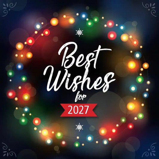 Nieuwjaarskaart 2027 'Best Wishes', gekleurde kerstlichtjes, sfeervol in cirkel vorm