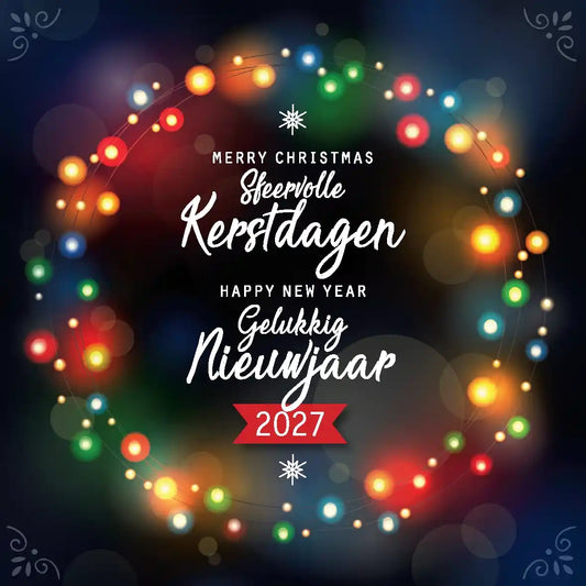 kerstkaart gekleurde sfeervolle lichtjes 2027