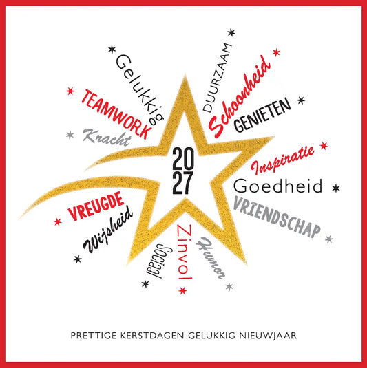 Kerstkaart 2027 Gouden ster en kerstwens in meerdere talen