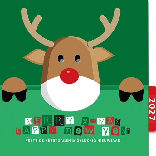 Kerstkaart  2027 met grappig rendier tekening