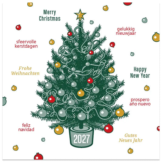 Kerstkaart 2027, groene kerst in meerder talen, getekend