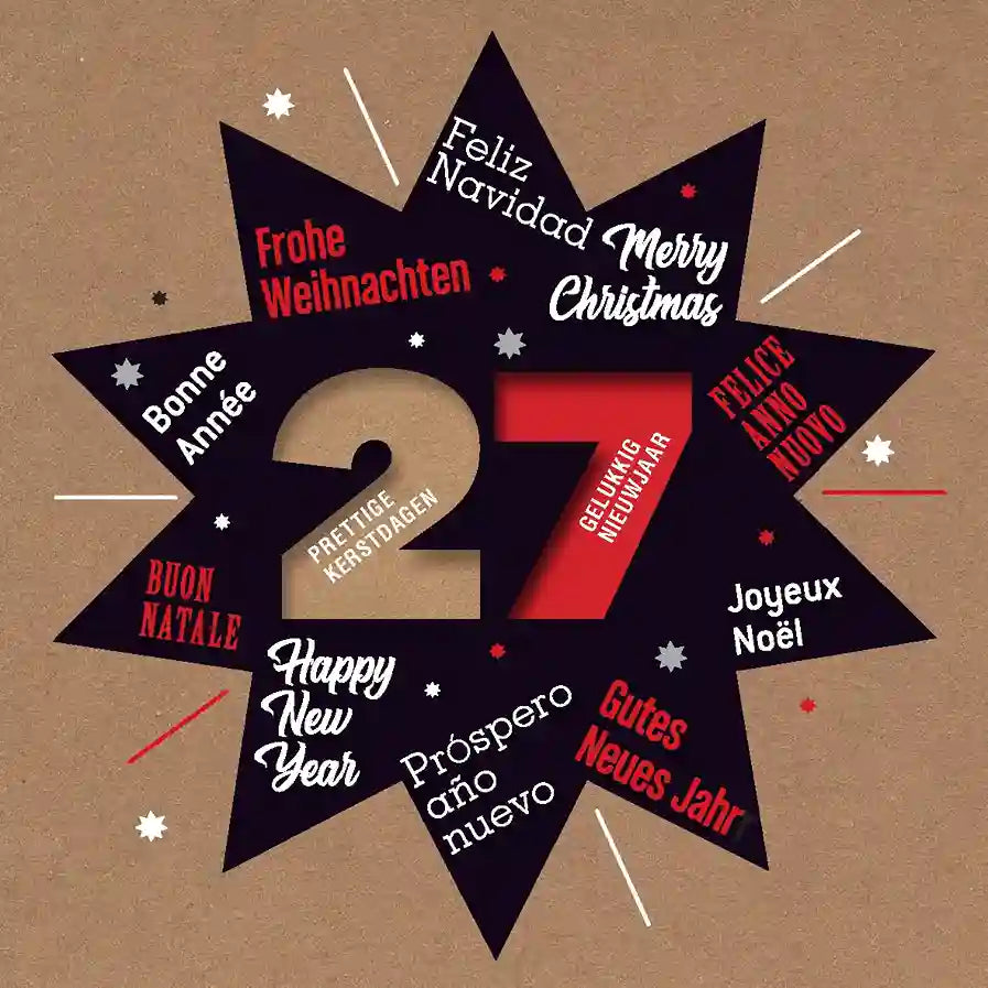 kerstkaart 2027 met grote ster en internationale kerstwensen.