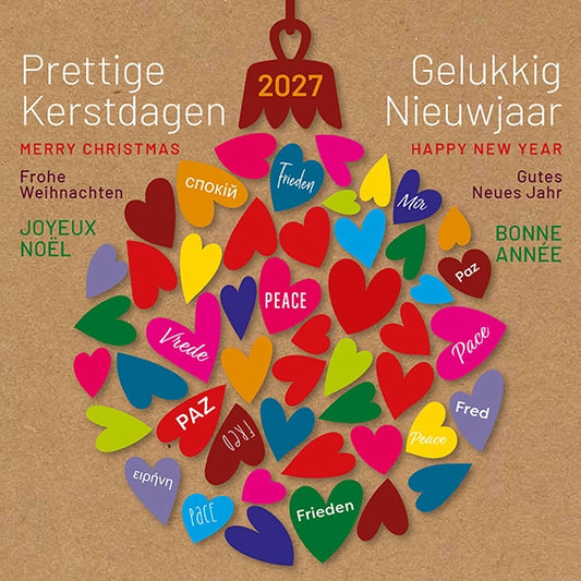 Kerstkaart 2027 Kleurrijke kerstbal hartjes van de vrede