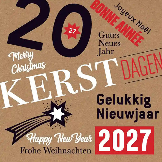 kerstkaart 2027 internationale wensen in wot, zwart en rood op kraft achtergrond