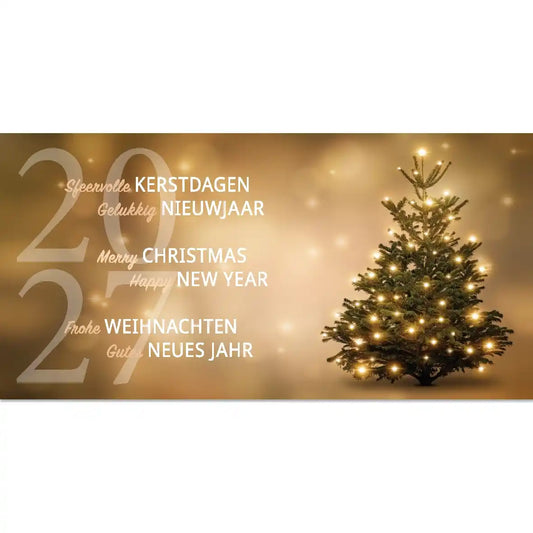 kerstkaart 2027 gouden kerstsfeer kerstboom, meerdere talen