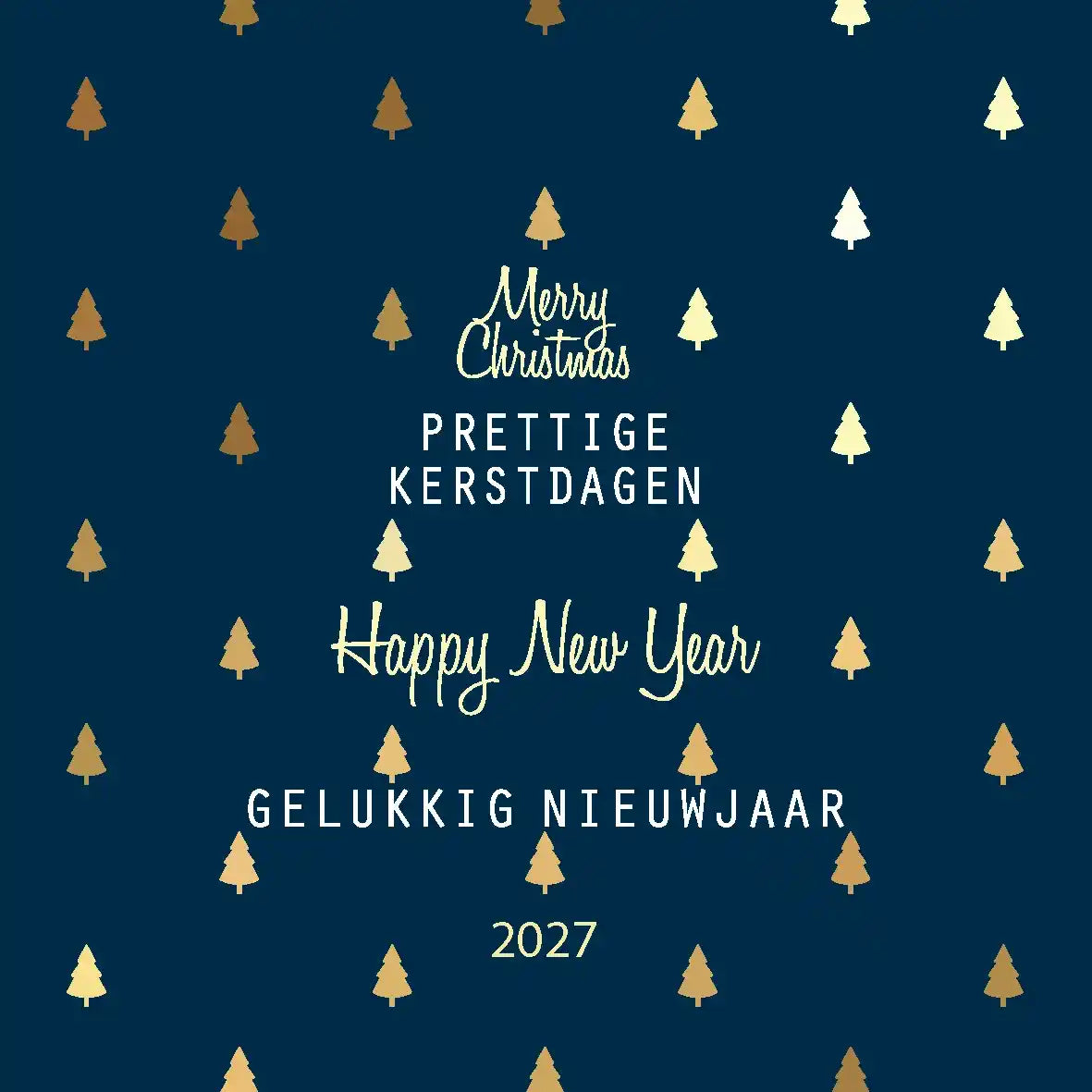 Kerstkaart 2027 donkerblauw goud zakelijk met kleine kerstboompjes patroon