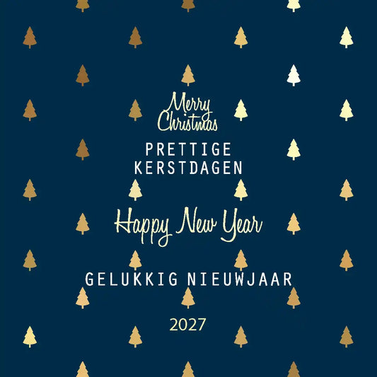 Kerstkaart 2027 donkerblauw goud zakelijk met kleine kerstboompjes patroon