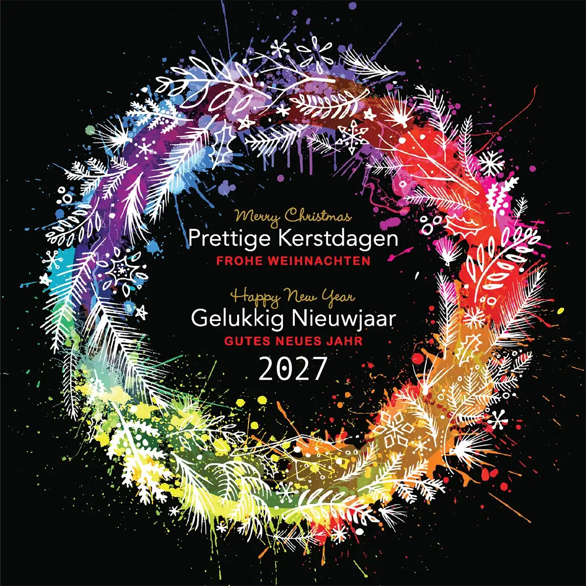 Kerstkaart 2027 met kerstkrans in felle kleuren, meerdere talen