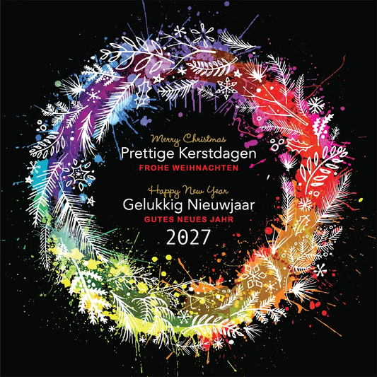Kerstkaart 2027 met kerstkrans in felle kleuren, meerdere talen