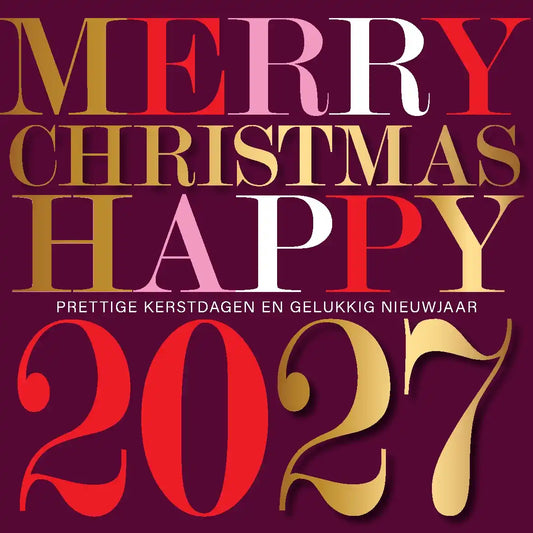 Kerstkaart 2027 sfeervolle kerstwens in rood, paars, goud en wit
