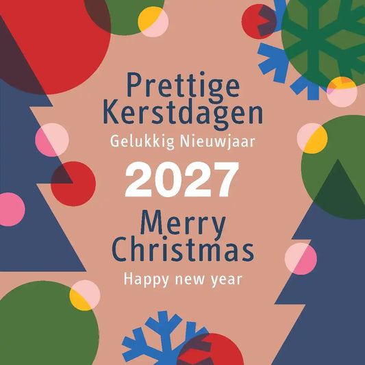 Kerstkaarten 2027 kleurrijke kerstboom, kerstbal en sneeuwvlok