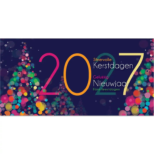 Kerstkaarten 2027 sfeervolle kleurige kerstbomen van balletjes