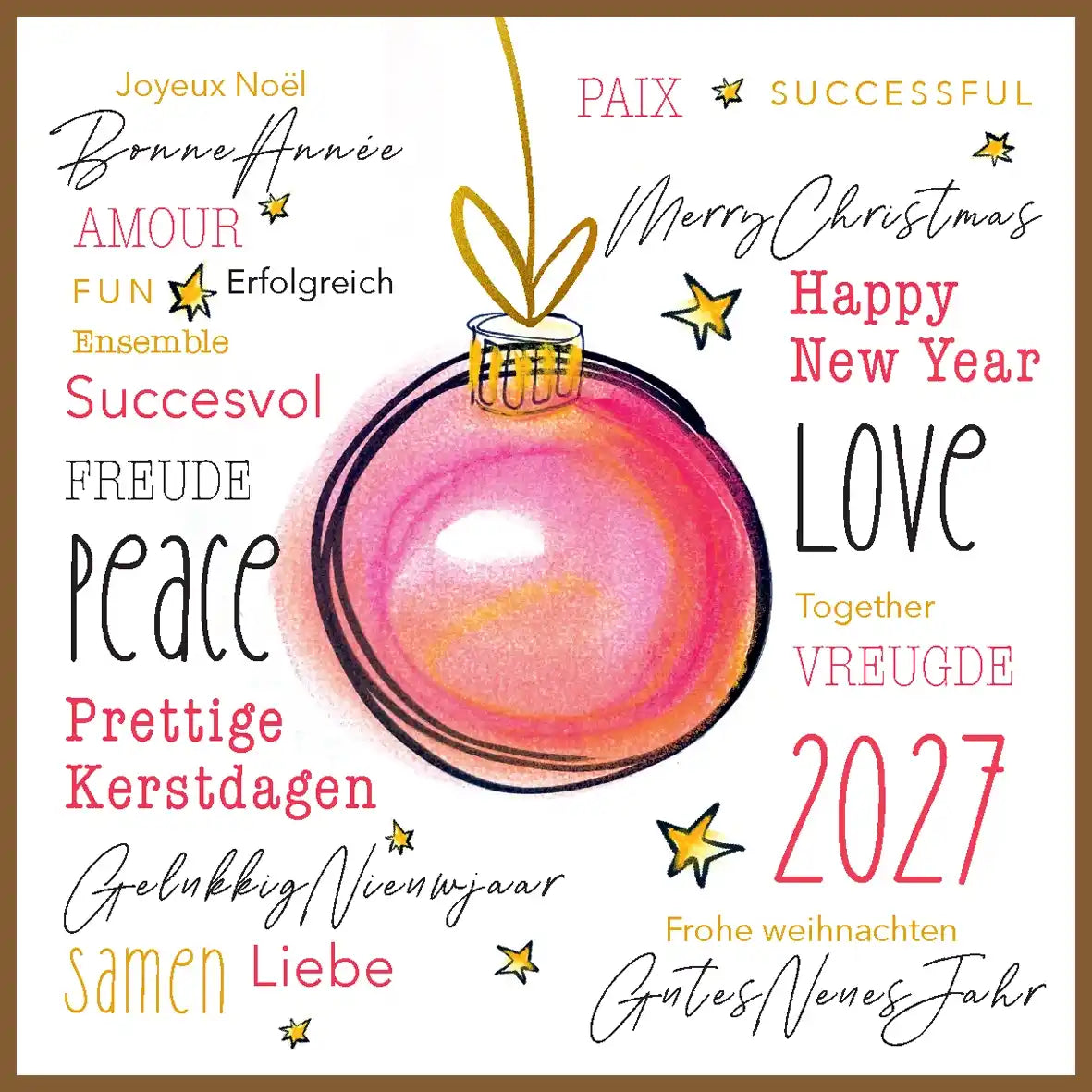 Kerstkaart 2027 leuke kerstwensen en getekende kerstbal