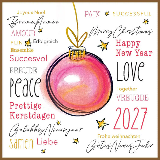 Kerstkaart 2027 leuke kerstwensen en getekende kerstbal